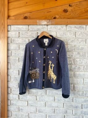 Vintage Christopher & Banks Hand embroidered Noah’s Ark Appliqué Button Cardigan